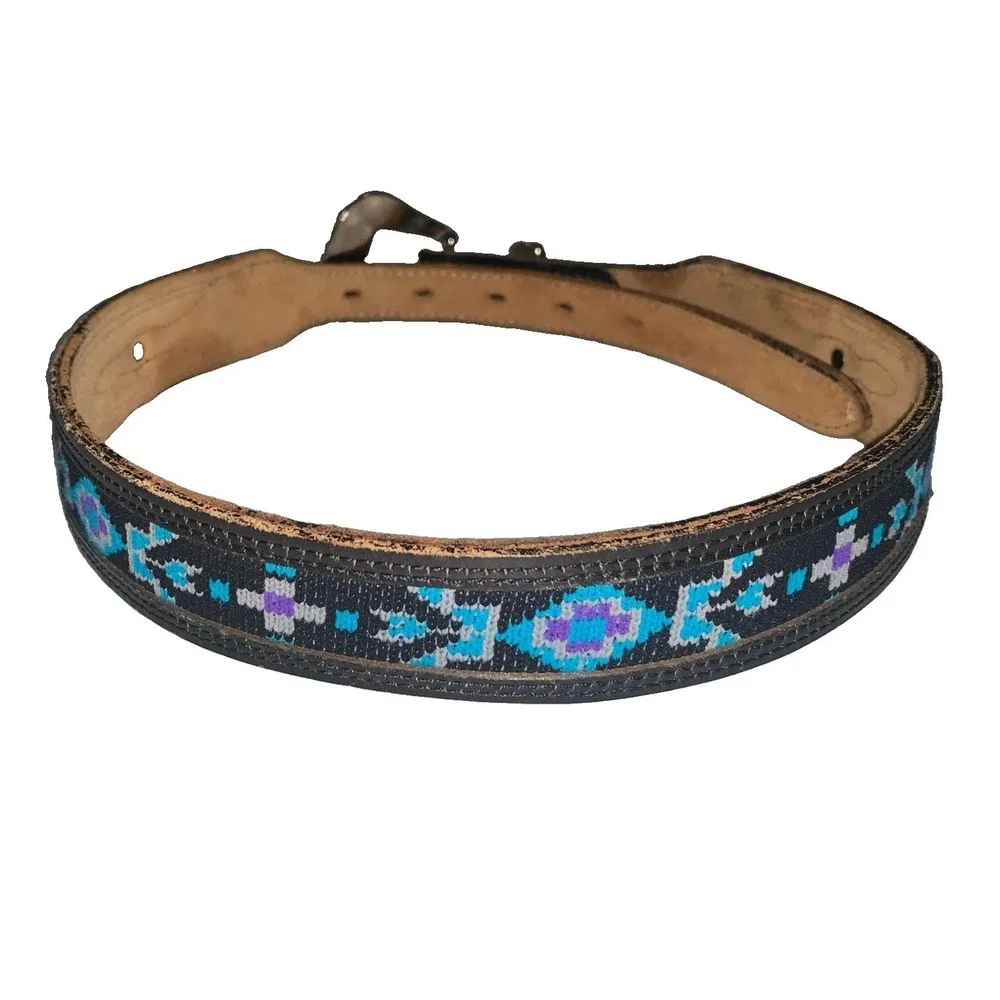 Vintage Dundee Leather Western Belt Womens 28 Turquoise Black Aztec Cowgirl USA
